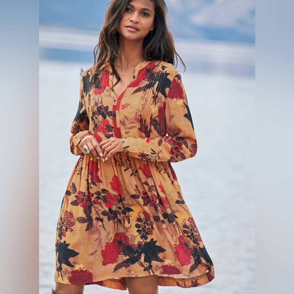 Peruvian Connection Autumn Floral Long Sleeve Tan Red Boho Dress size Xsmall
